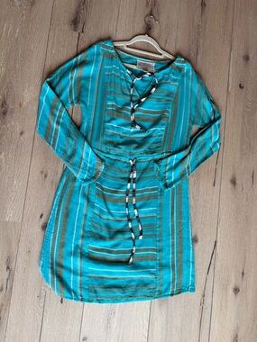 Ace & Jig Teal and Gold Striped Long Sleeve Tie-Waist Dress